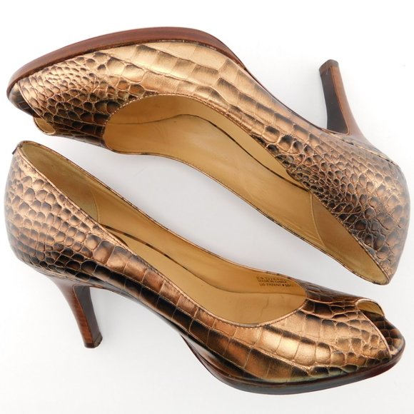 COLE HAAN Nike Air Copper Metallic Leather Croc Open Toe Heel Pumps 8 - Picture 3 of 8